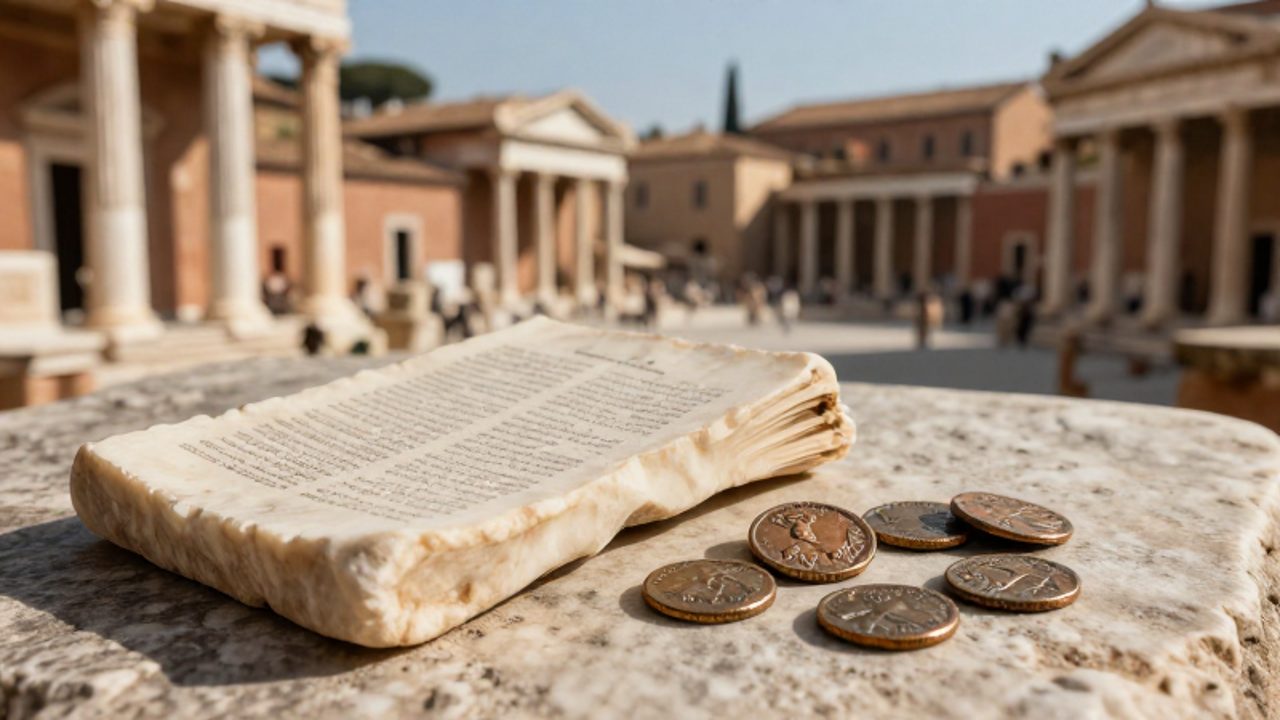 Monedas de bronce romanas y un registro de mármol sobre una superficie de piedra con un fondo difuminado de arquitectura clásica mediterránea.