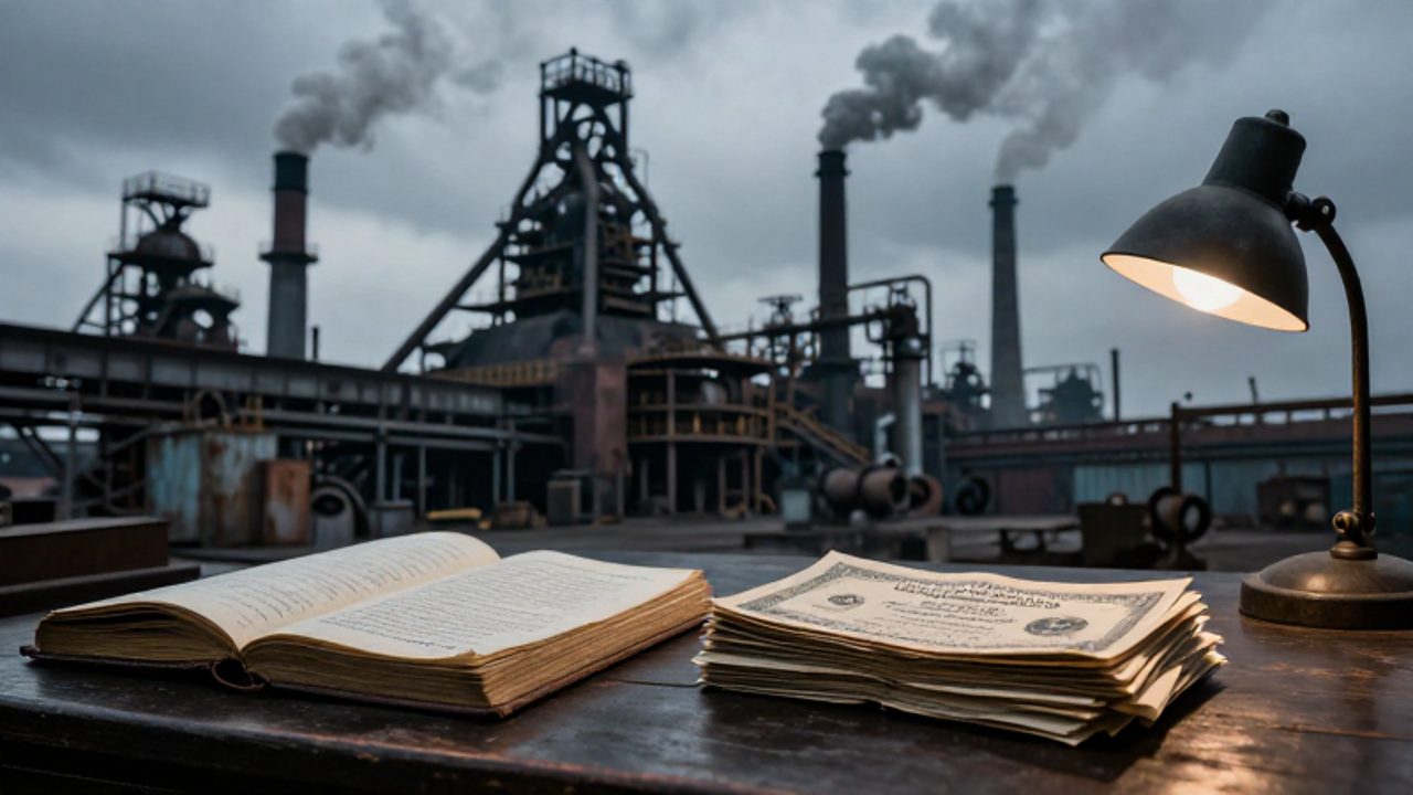 Libro de contabilidad y bonos gubernamentales antiguos sobre un escritorio frente a un paisaje de fábricas y chimeneas industriales de principios del siglo XX.
