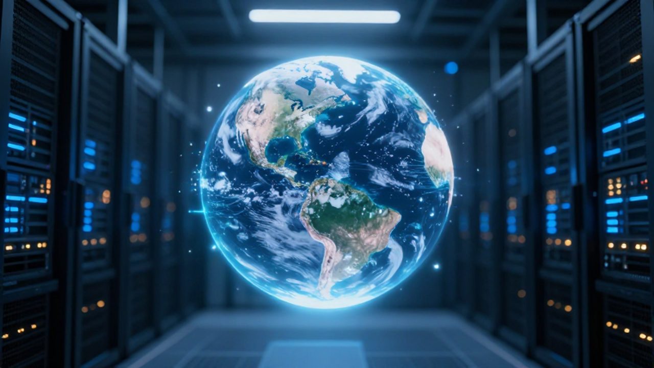 Un holograma tridimensional de la Tierra con patrones atmosféricos y corrientes oceánicas flota en el centro de un moderno centro de datos con servidores iluminados.