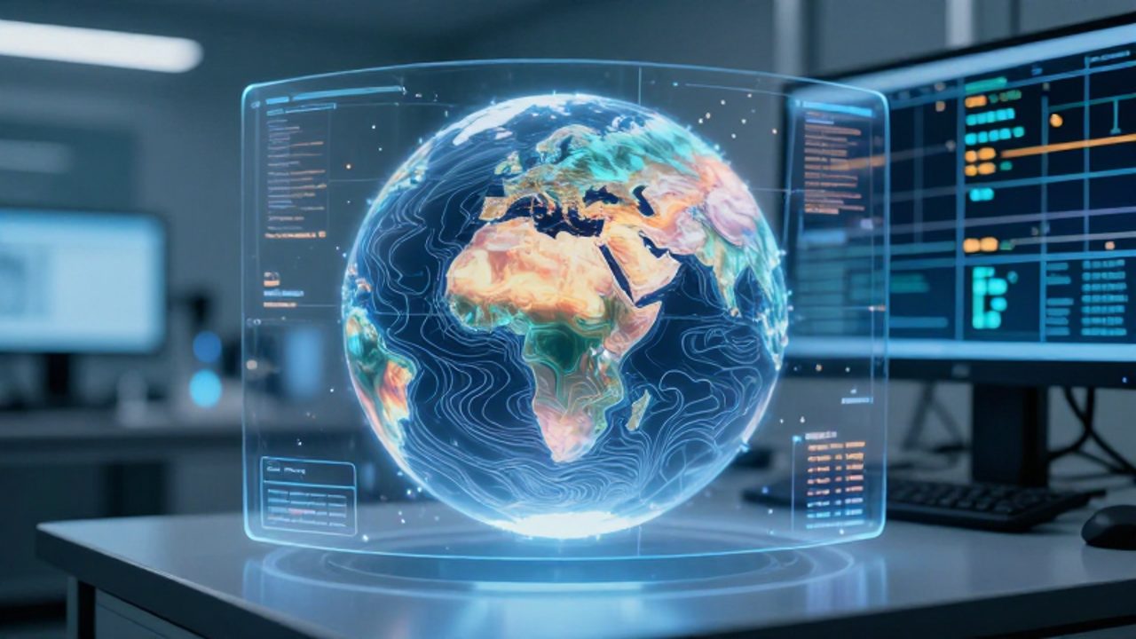 Holograma tridimensional de la atmósfera terrestre con gradientes térmicos y modelos climáticos sobre una estación de trabajo en un laboratorio científico.