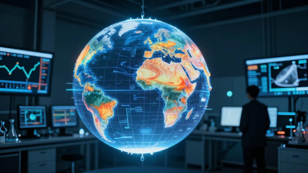 Holograma 3D de un globo terráqueo con mapas de calor y corrientes de viento en un laboratorio científico de alta tecnología.