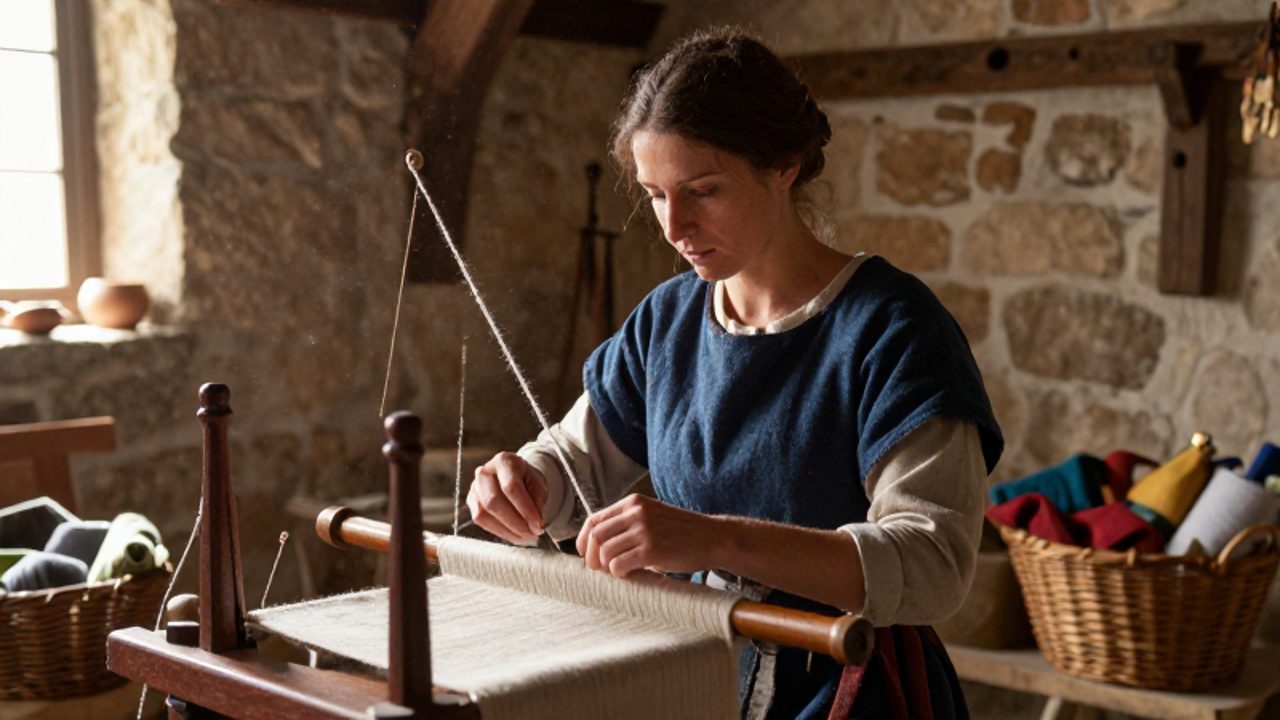 Mujer artesana trabajando con hilos de lana y una rueca en un taller medieval iluminado por la luz natural.