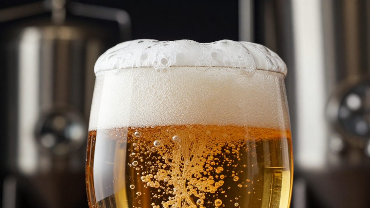 Burbujas de dióxido de carbono ascienden rápidamente a través de una cerveza rubia para formar una capa de espuma blanca y densa en la parte superior del vaso.