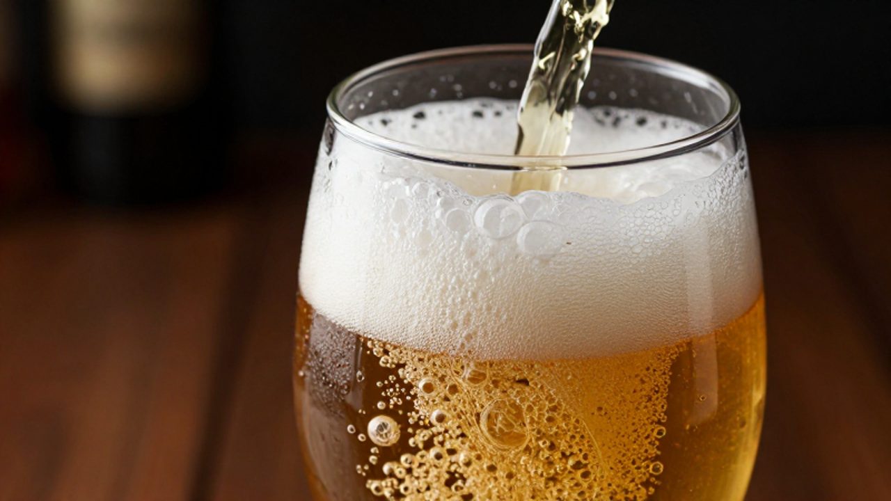 Cerveza rubia vertida en una copa de cristal que genera una capa de espuma blanca y cremosa con burbujas de gas ascendiendo por el líquido.