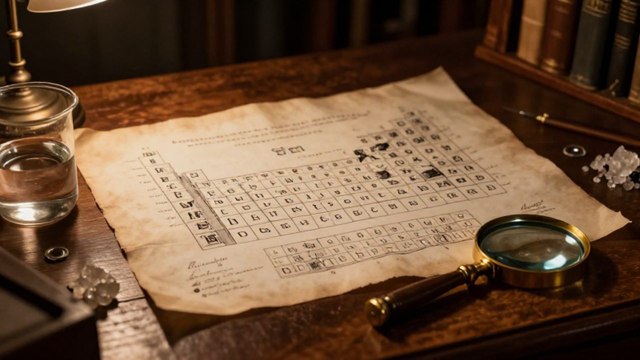 Documentos antiguos con diagramas de elementos químicos y cristales de azufre sobre un escritorio de madera con una lupa de latón.