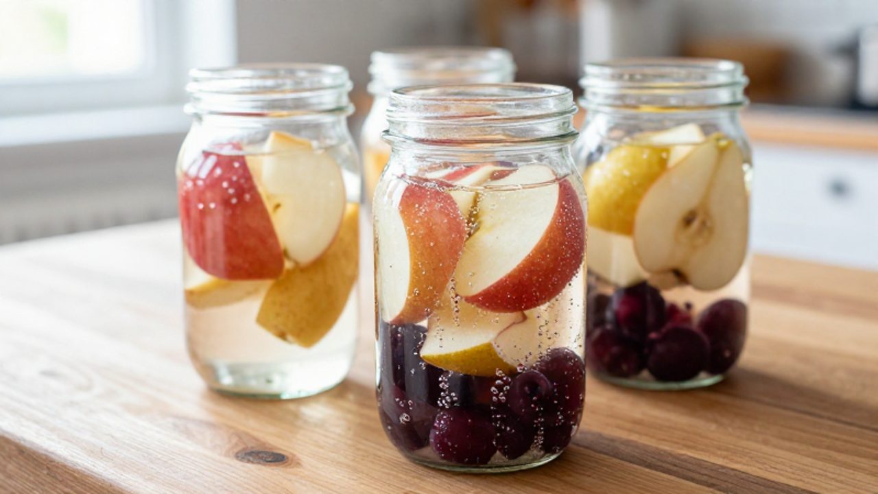 Frascos de vidrio con rodajas de fruta sumergidas en salmuera burbujeante sobre una encimera de madera.