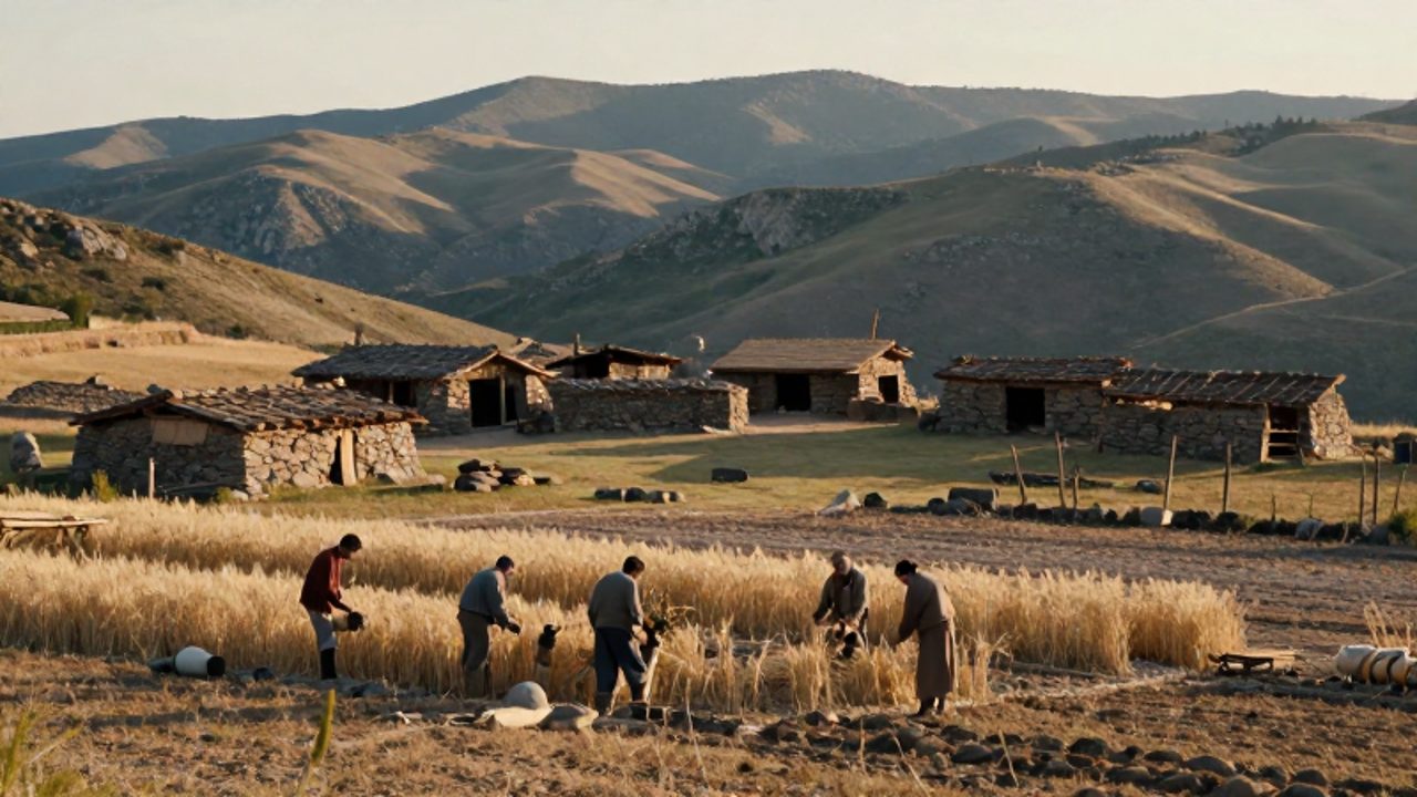 Grupo de humanos neolíticos cultivando parcelas de cereal junto a un asentamiento de viviendas de piedra y madera en un terreno montañoso.