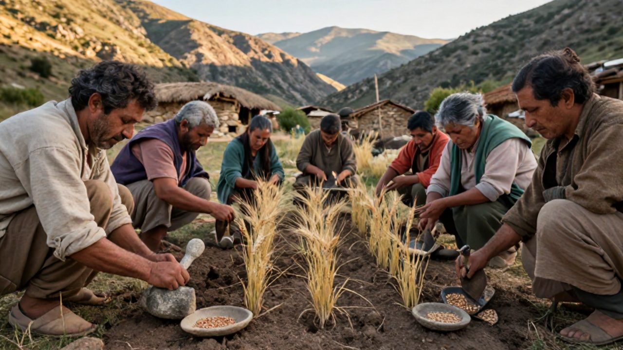 Aldeanos neolíticos utilizan herramientas de piedra y madera para cultivar los primeros brotes de trigo y cebada en un valle montañoso.