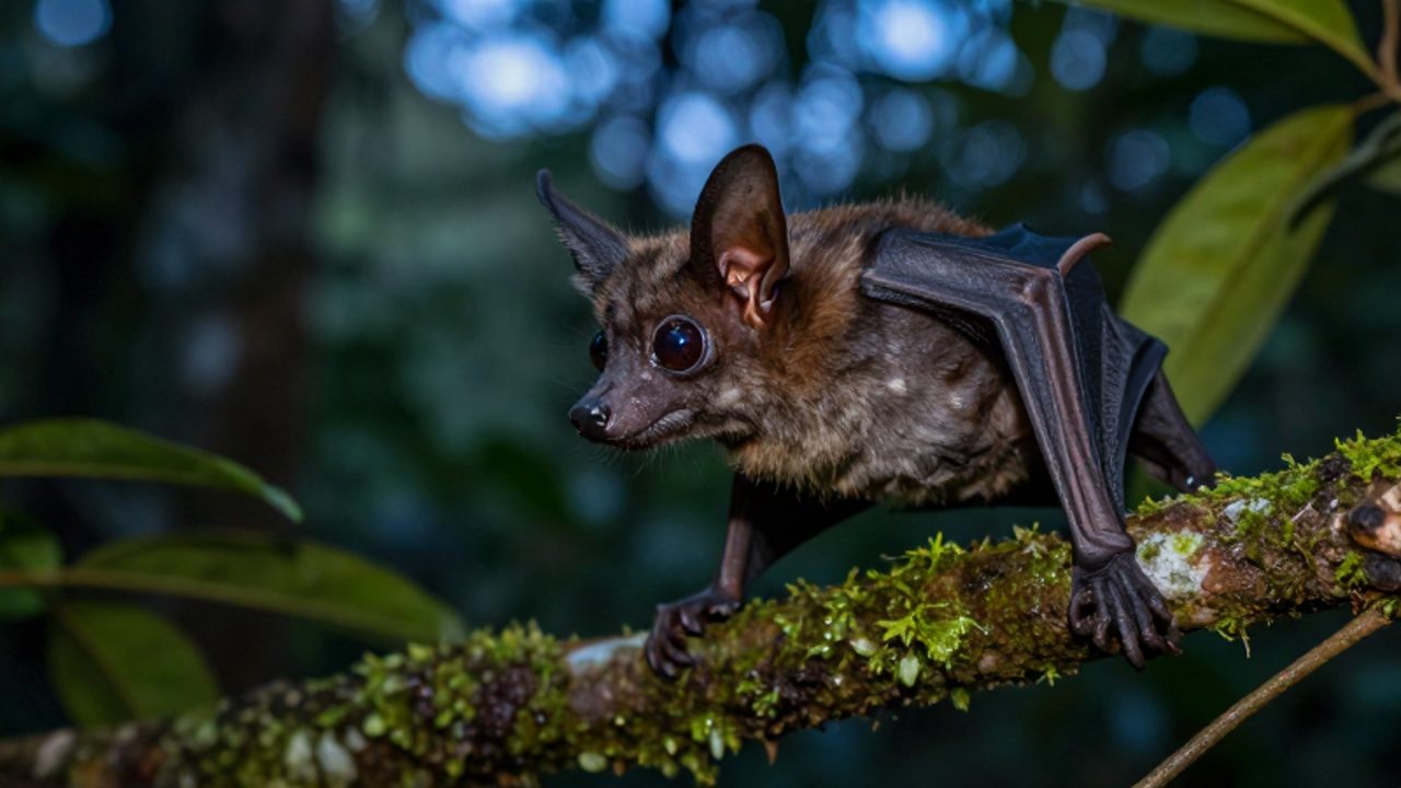 Primer plano de un murciélago frutero posado en una rama con musgo, destacando sus grandes ojos oscuros en un entorno de selva al atardecer.