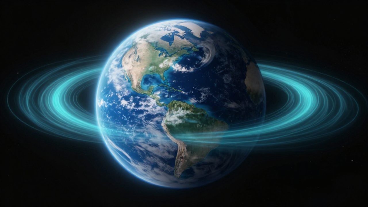El planeta Tierra suspendido en el espacio rodeado por un escudo de líneas de energía azul que representan su campo magnético y magnetosfera.