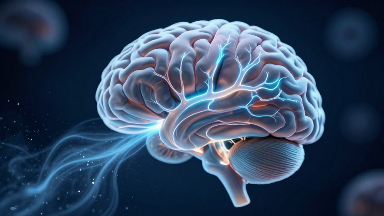 Modelo de cerebro humano compuesto por fibras neuronales brillantes donde un flujo de luz azul limpia partículas microscópicas, representando el proceso de limpieza del sistema glinfático.