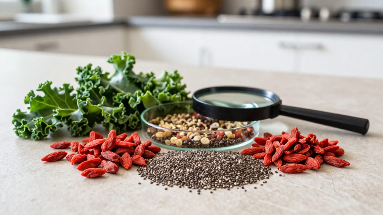 Superalimentos como bayas de goji, kale y semillas de chía junto a una placa de Petri sobre una encimera, simbolizando el análisis científico de los alimentos.