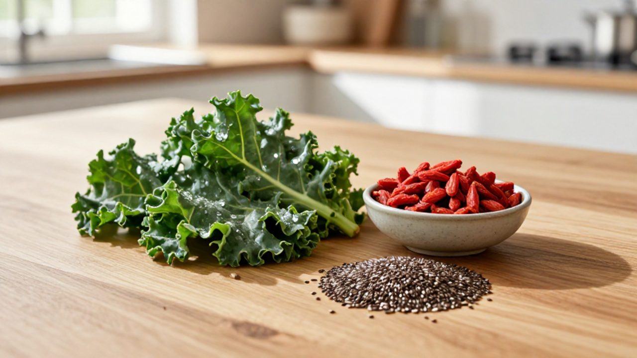 Variedad de alimentos saludables sobre una mesa de madera, con hojas de col rizada, bayas de goji y semillas de chía.
