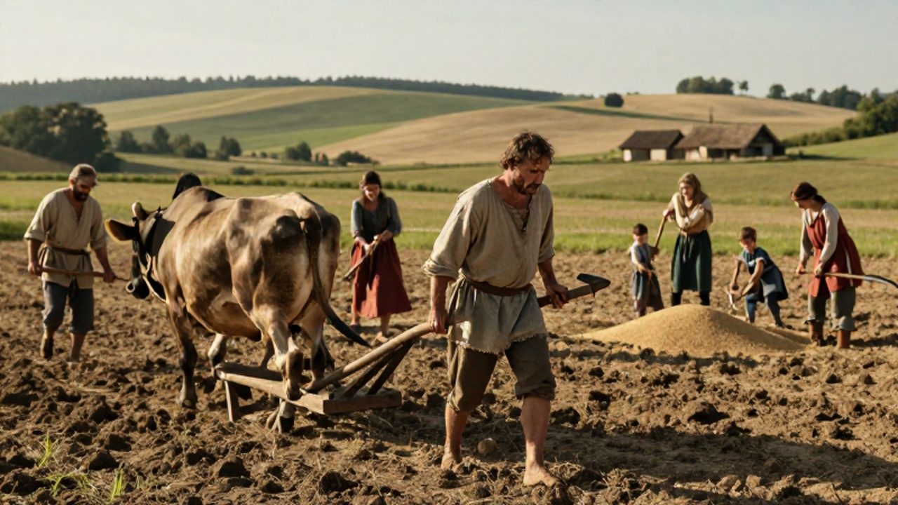 Campesinos medievales trabajan la tierra en un campo abierto, con un hombre arando con un buey y mujeres recolectando grano cerca de una aldea al fondo.