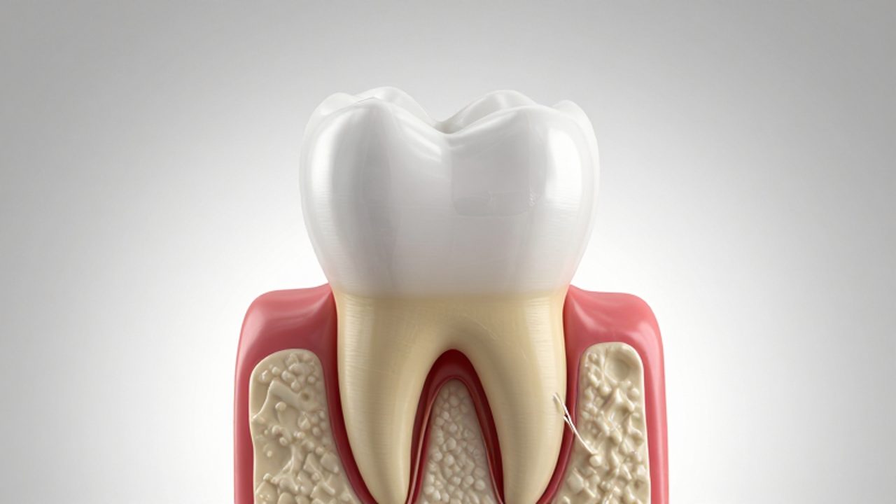 Corte transversal de un diente que muestra el esmalte, la dentina y su unión con el hueso alveolar mediante el ligamento periodontal.