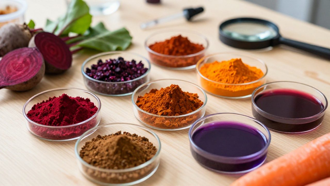 Diversos pigmentos en polvo y líquidos de colores intensos dispuestos en cuencos y placas de Petri junto a fragmentos de plantas y vegetales sobre un banco de laboratorio.