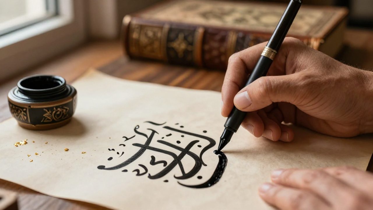 Manos de un calígrafo trazando letras árabes con un cálamo sobre un pergamino junto a un tintero decorado.