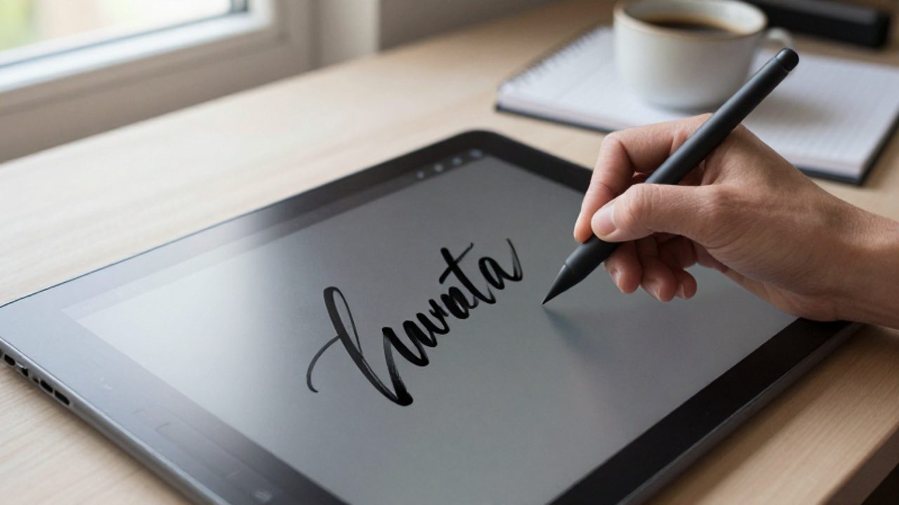 Un lápiz digital crea trazos caligráficos fluidos sobre la pantalla de una tableta en un escritorio de trabajo minimalista.