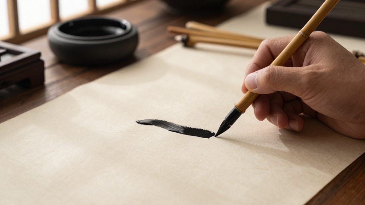Mano de un calígrafo trazando letras con pluma de caña sobre un pergamino de color crema.