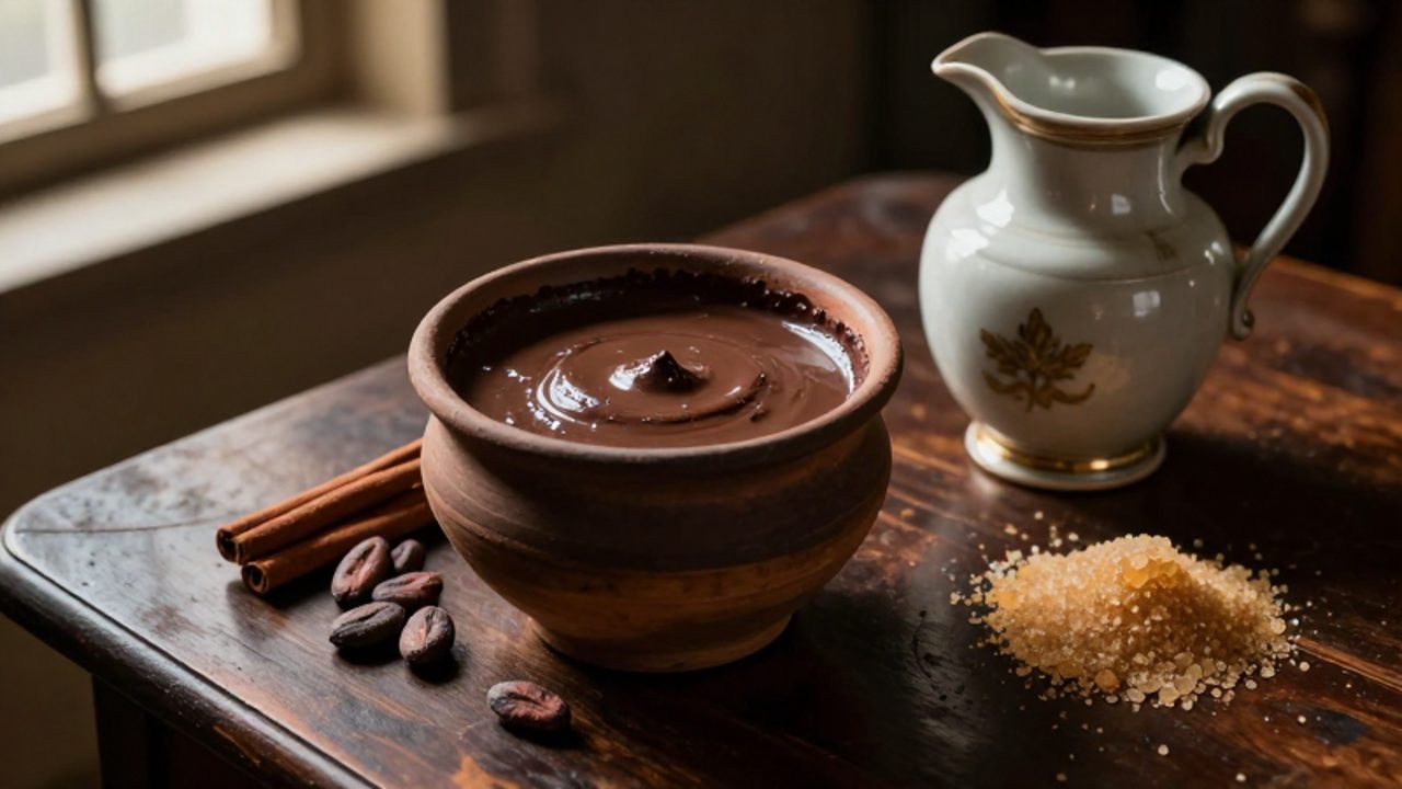 Vaso de barro con chocolate espumoso junto a granos de cacao, canela y azúcar sobre una mesa de madera, representando la transición histórica de la bebida.