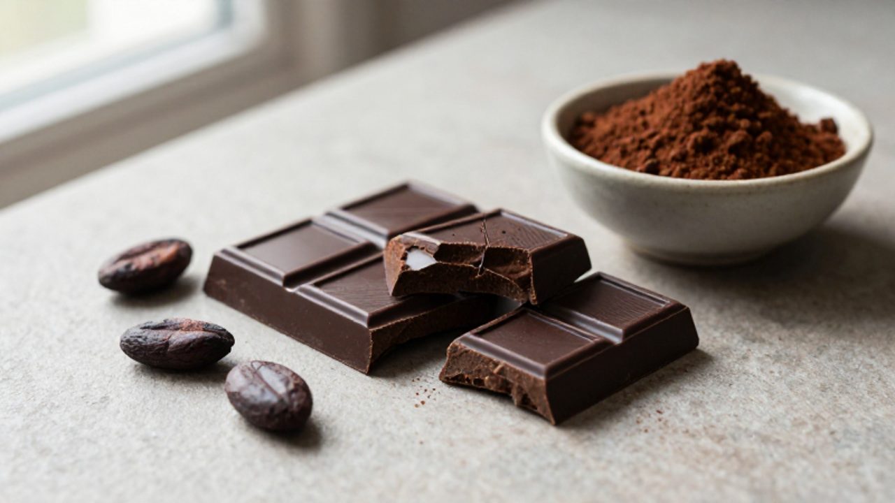 Trozos de chocolate negro sobre una superficie de piedra acompañados de granos de cacao y un cuenco con cacao en polvo.