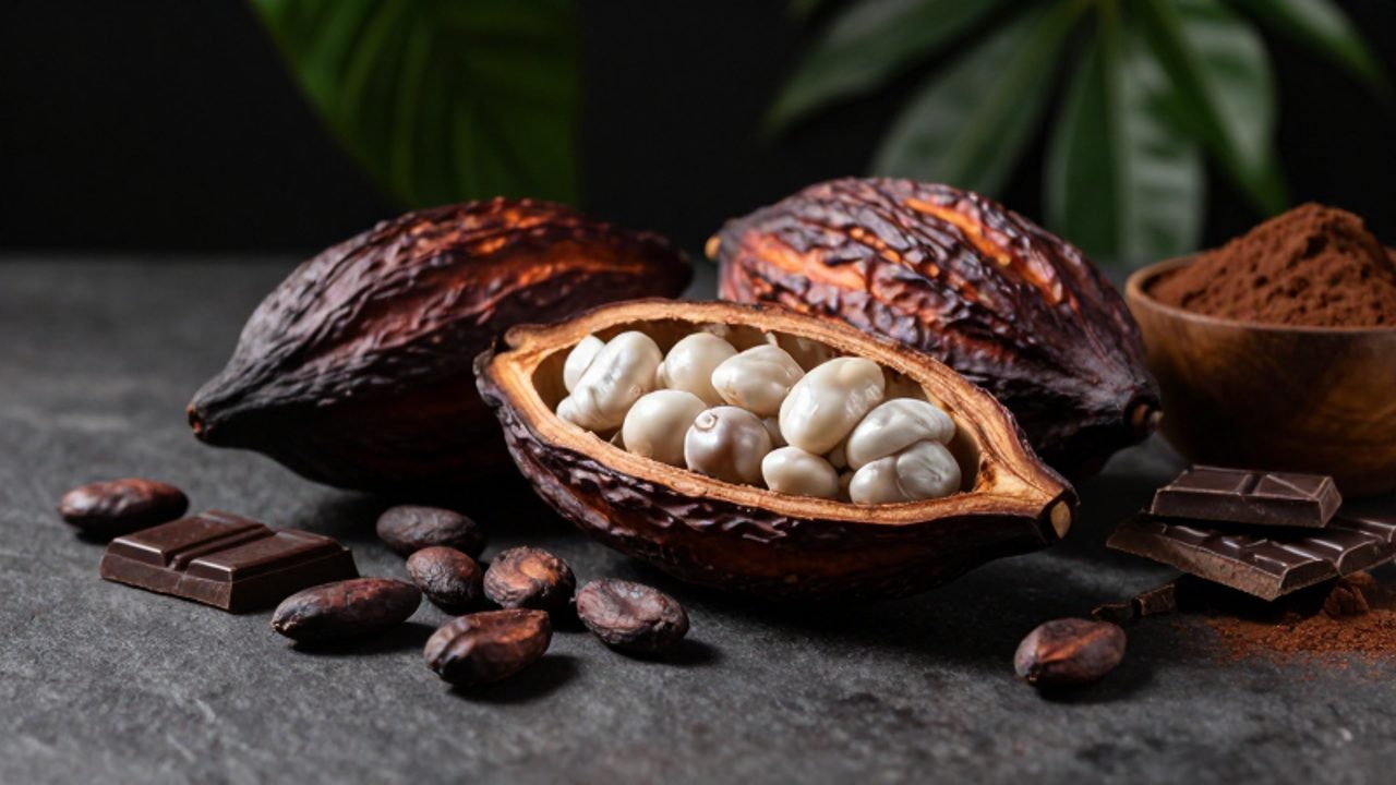 Mazorcas de cacao abiertas que muestran sus granos blancos rodeadas de granos secos, trozos de chocolate negro y cacao en polvo sobre una superficie de piedra.