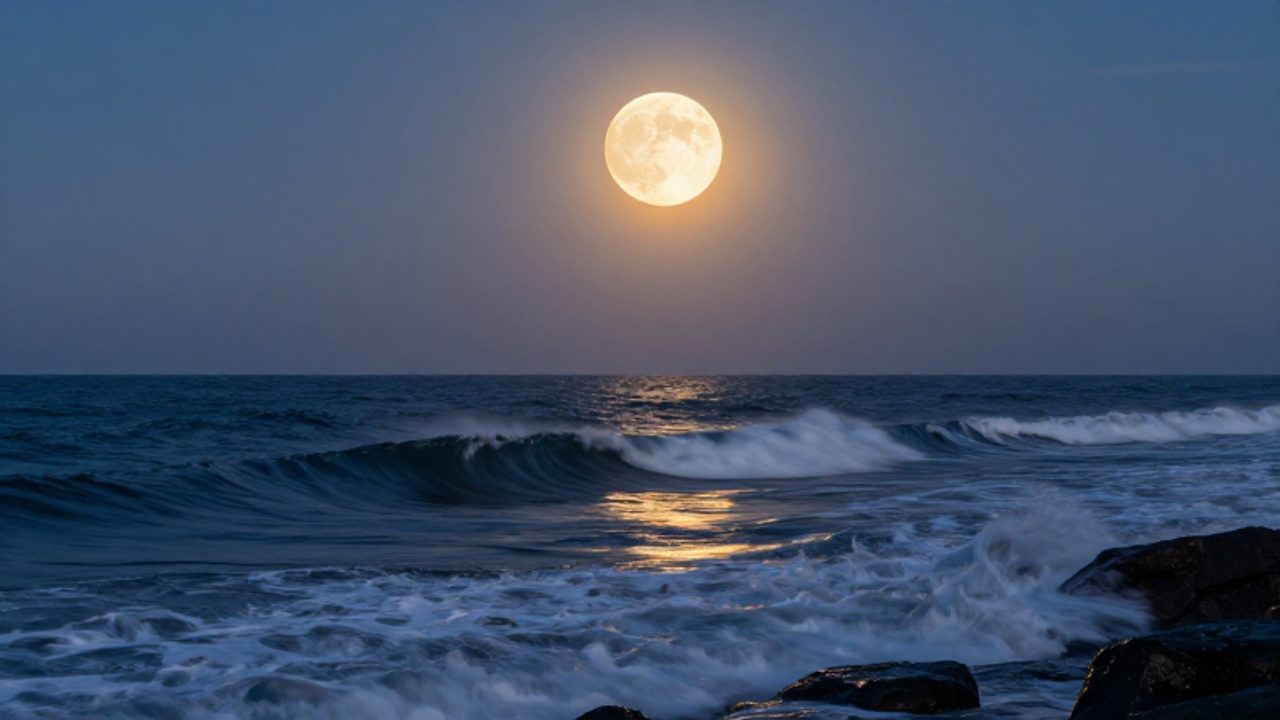 Una luna llena y un sol alineados en el cielo proyectan su luz sobre un océano con grandes olas que muestran el movimiento de las mareas hacia una costa rocosa.