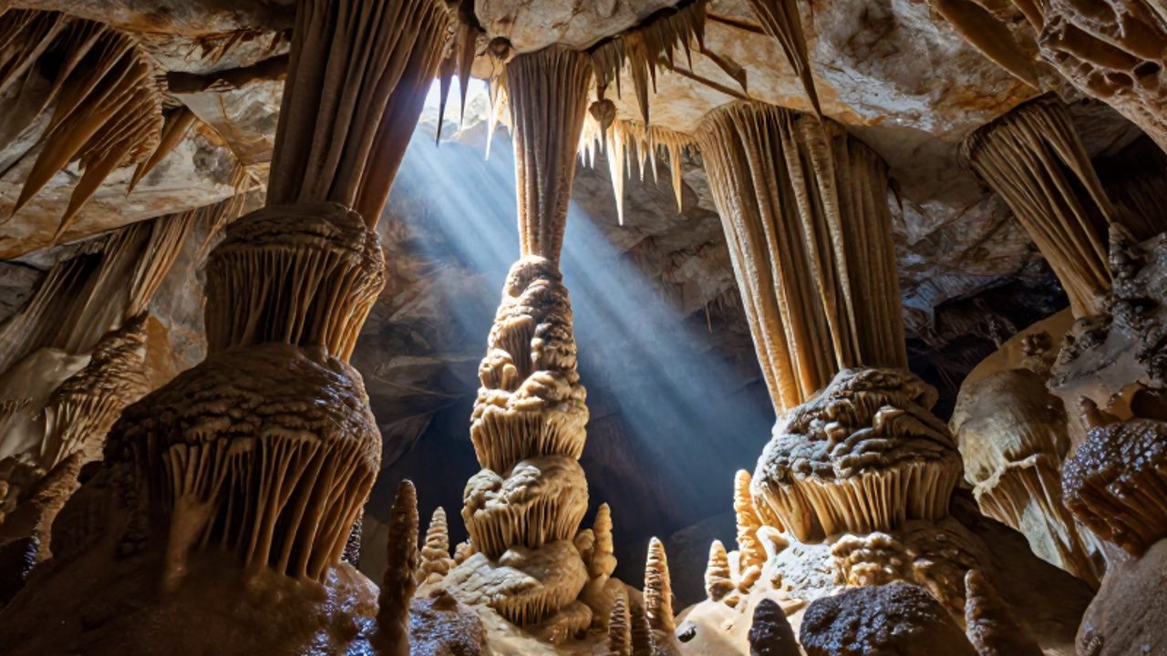 Un rayo de luz atraviesa una abertura en el techo de una vasta cueva de piedra caliza, iluminando estalactitas y estalagmitas que crecen en el suelo húmedo.