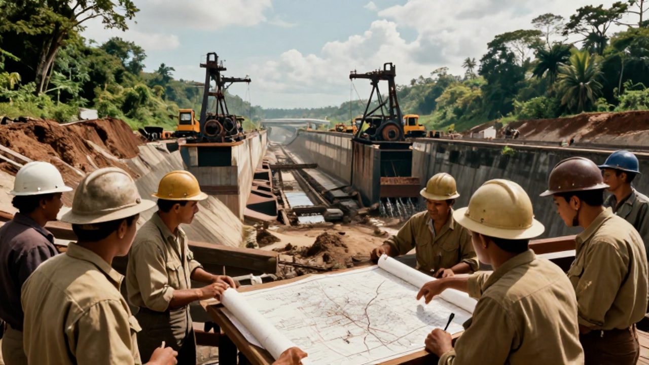 Ingenieros con vestimenta de época estudian planos sobre una mesa mientras excavadoras de vapor trabajan en un profundo corte de tierra rodeado de selva tropical.