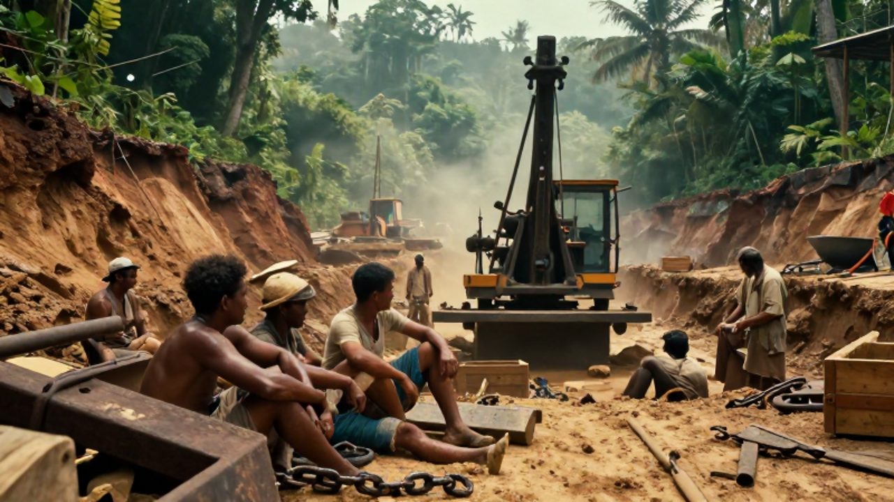 Trabajadores agotados descansan junto a una gran excavadora de vapor en un terreno de lodo y selva durante la construcción del Canal de Panamá.
