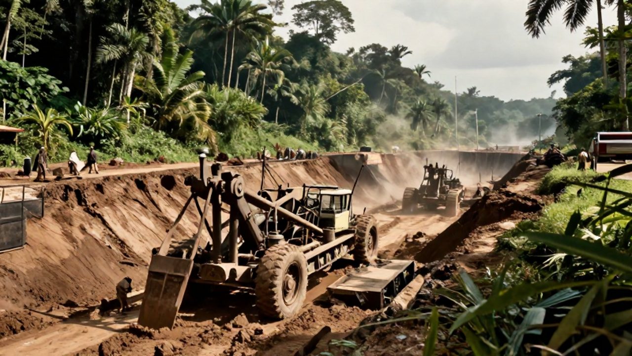 Maquinaria de excavación a vapor trabajando en los cortes de tierra de la selva tropical durante la construcción del Canal de Panamá a principios del siglo XX.
