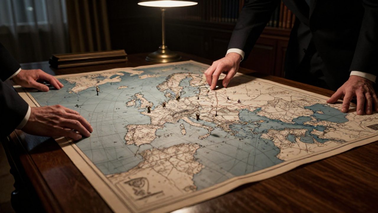 Manos moviendo piezas metálicas sobre un mapa topográfico antiguo en una mesa de madera, simbolizando la estrategia geopolítica de influencia global.