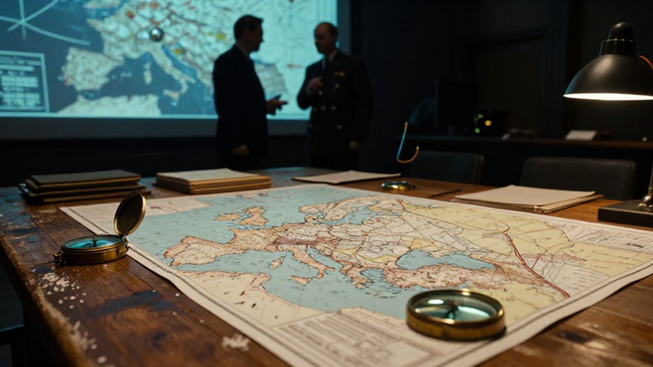Dos oficiales de alto rango gesticulan sobre mapas topográficos en una sala de mando estratégica durante la época de la Guerra Fría.