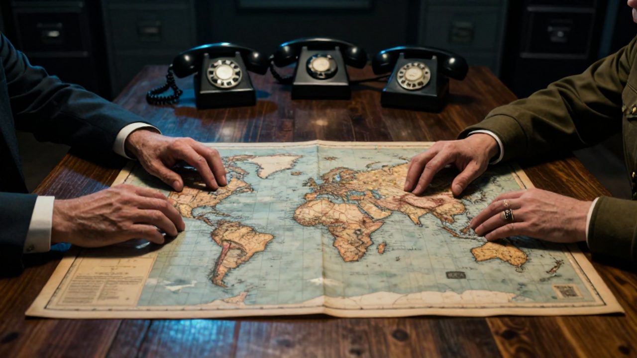 Manos con traje formal y uniforme militar se disputan el control sobre un mapa mundial antiguo colocado en una mesa de mando.