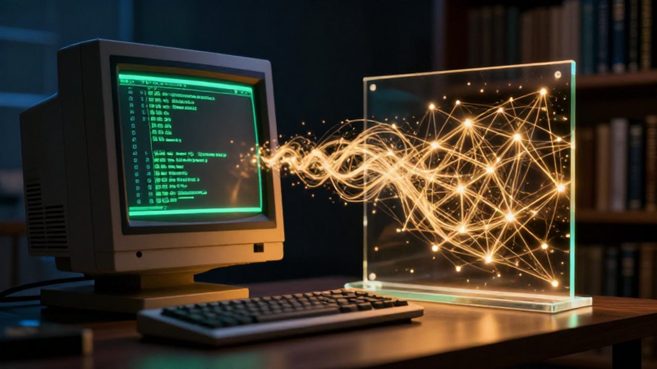 Un monitor antiguo con código verde estructurado junto a una placa de cristal moderna que muestra una red neuronal de partículas doradas sobre un escritorio de madera.