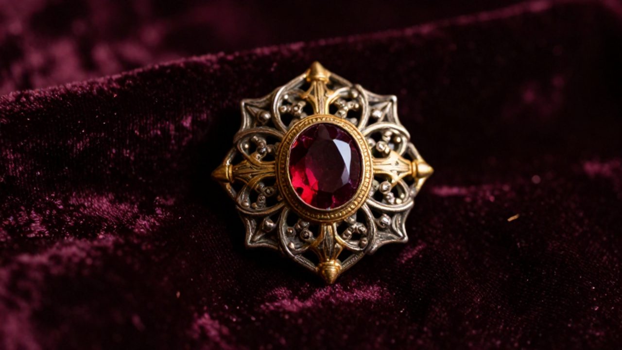 Broche medieval de oro y filigrana de plata con un gran granate rojo clavado en una tela de terciopelo oscuro.
