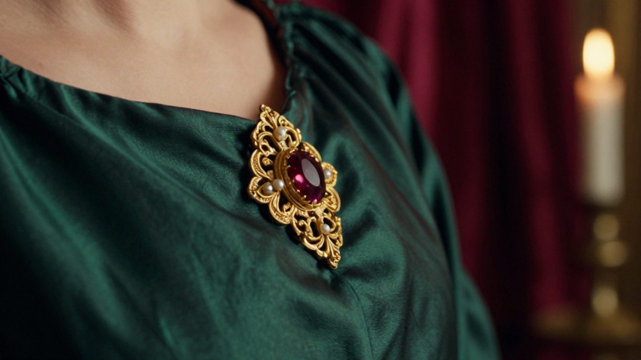Broche de oro con filigrana, granates y perlas sujeto a un corpiño de seda verde esmeralda.