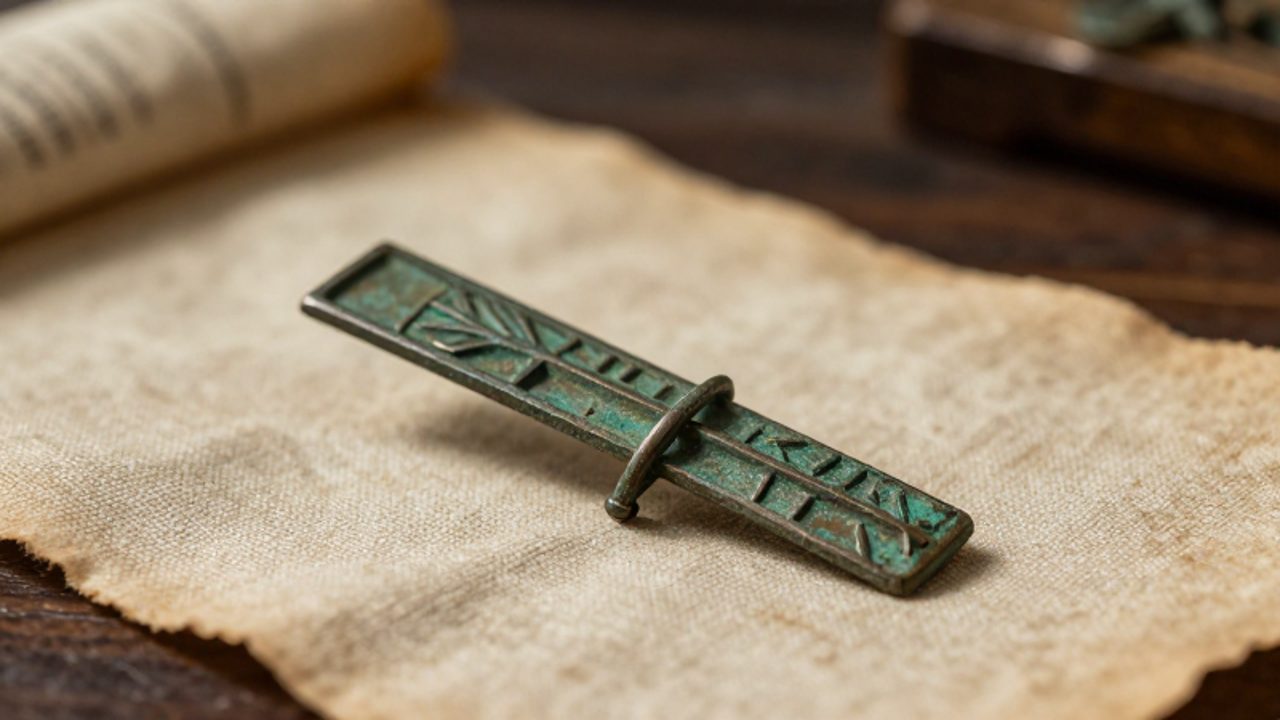 Fibula de bronce antiguo con grabados geométricos sobre un trozo de tela de lino desgastada.