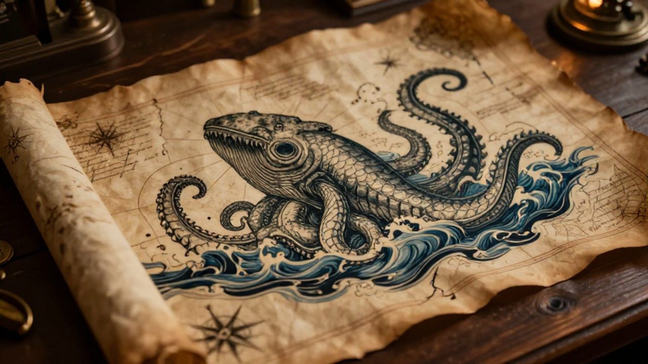 Mapa antiguo sobre una mesa de madera que muestra la ilustración detallada de un monstruo marino con tentáculos emergiendo de olas de tinta azul.