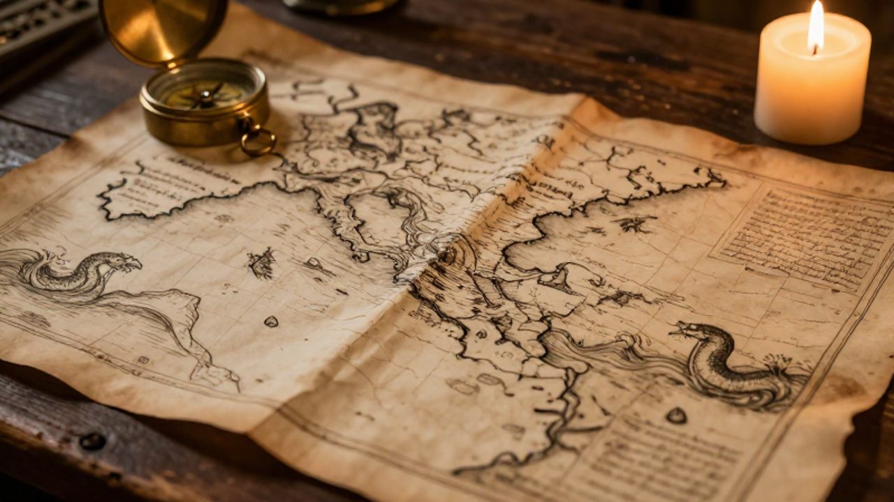 Mapa antiguo de pergamino con costas distorsionadas, dibujos de monstruos marinos y una brújula de latón sobre una mesa de madera.