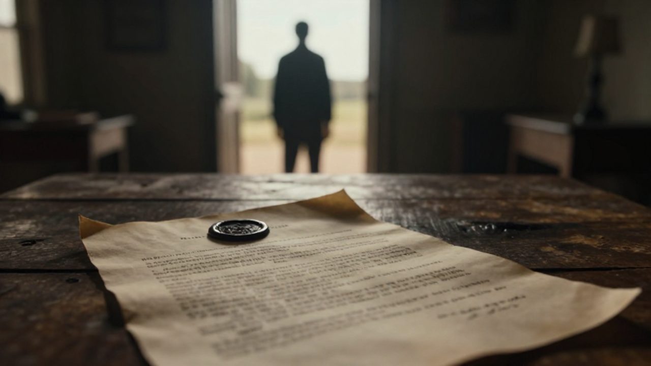 Un documento oficial antiguo sobre una mesa de madera en primer plano, con la silueta de una persona observando un paisaje iluminado al fondo.