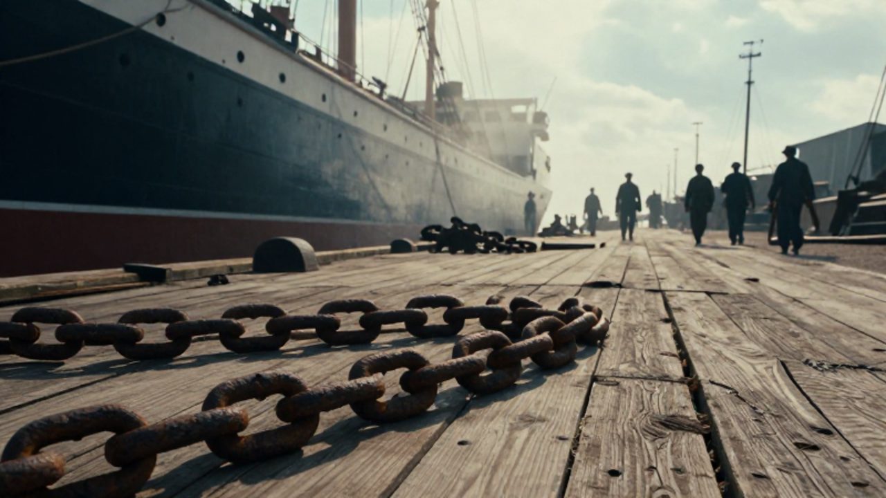 Cadenas de hierro rotas y desechadas sobre el muelle de madera de un puerto del siglo XIX frente a un gran barco de carga.