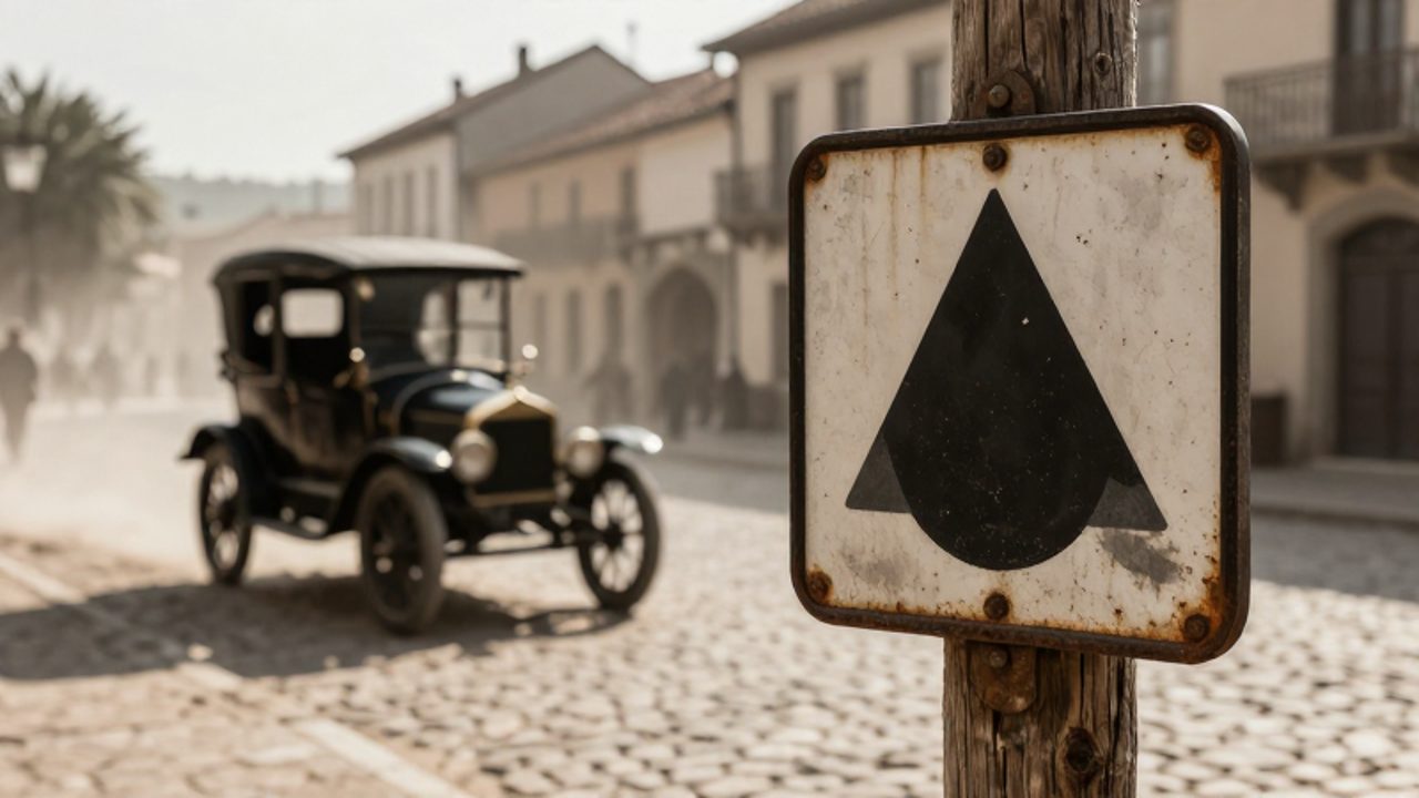 Se instala una señal de tráfico metálica con un símbolo geométrico pintado a mano en un poste de madera frente a un automóvil antiguo en una calle empedrada.