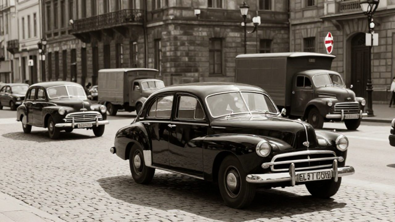 Un coche negro clásico circula por una calle adoquinada de una ciudad europea de mediados del siglo XX con arquitectura histórica y otros vehículos de la época.