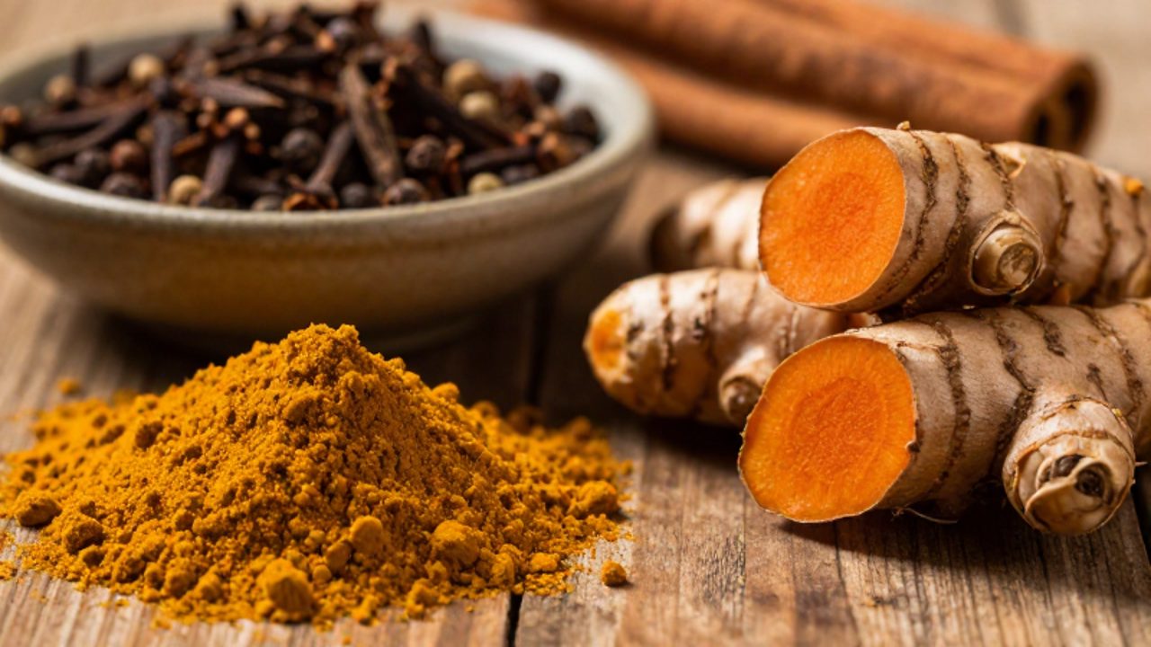 Comparativa entre un montón de curry en polvo de color amarillo intenso y raíces de cúrcuma fresca abiertas que muestran su interior naranja sobre una mesa de madera.