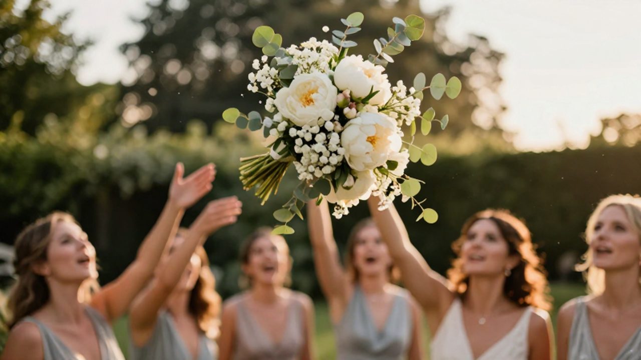 Un ramo de peonías blancas vuela por el aire mientras un grupo de invitadas extiende las manos para intentar atraparlo en una celebración al aire libre.