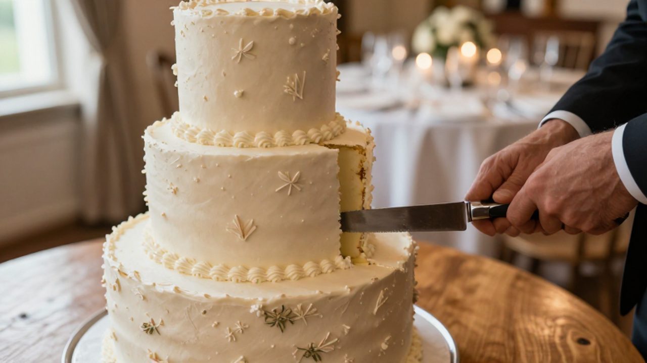 Un cuchillo plateado corta una primera porción de una tarta de bodas blanca de varios pisos en un salón de banquetes iluminado.