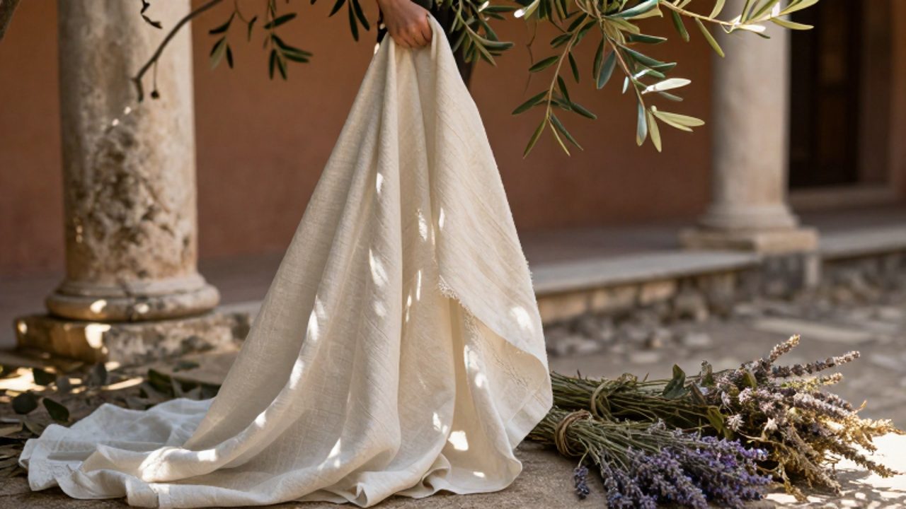 Manos de una novia sosteniendo un velo de lino bordado junto a un arreglo de hierbas secas y flores silvestres en un patio mediterráneo.