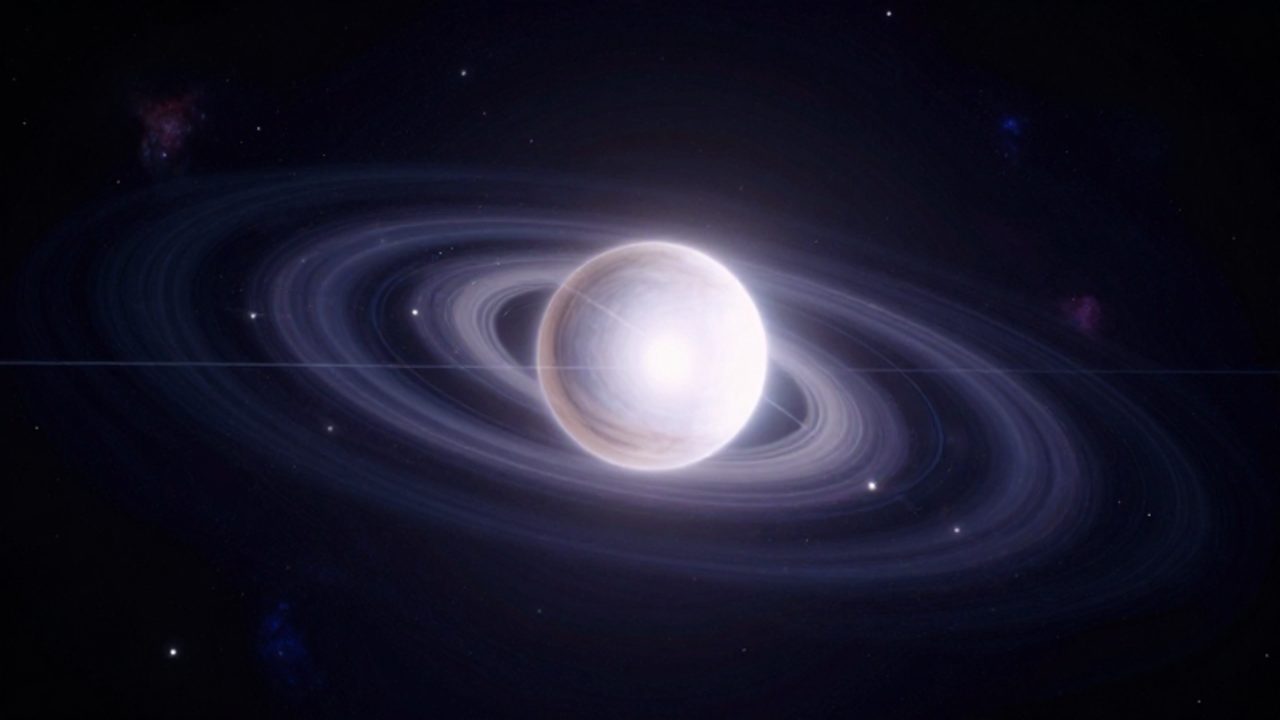 Una galaxia masiva curva el tejido del espacio-tiempo, provocando que la luz de estrellas distantes se deforme en arcos brillantes alrededor de su masa.