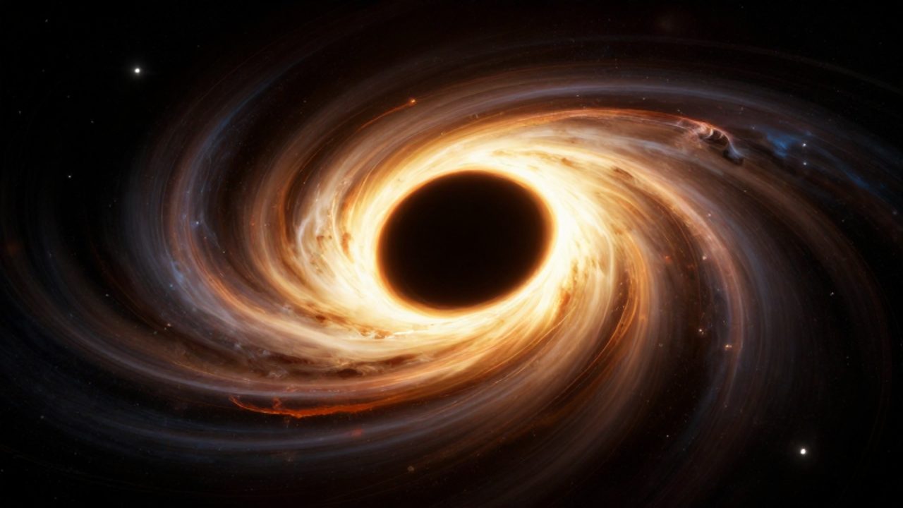 Un agujero negro masivo con un disco de gas dorado girando alrededor de su centro oscuro mientras la gravedad curva el espacio-tiempo y la luz de las galaxias lejanas.
